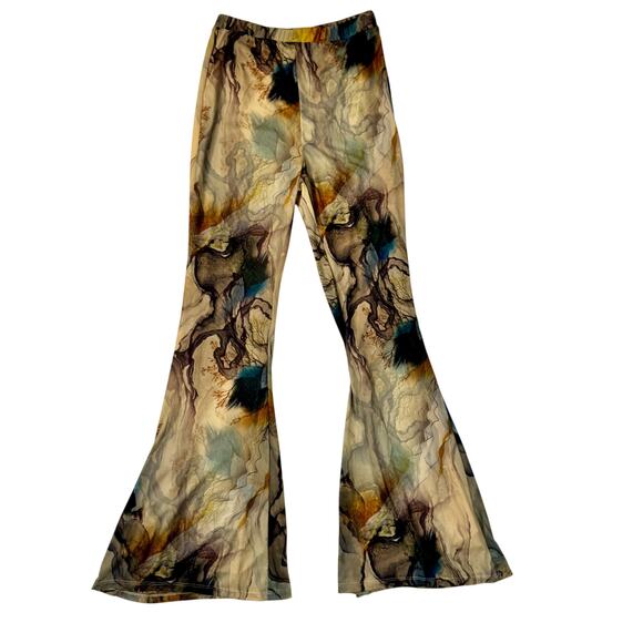 Blanc Abstract Mesh Flare Pants Large Earth Tone Sheer Print Y2K Art Girl Indie - Picture 2 of 14